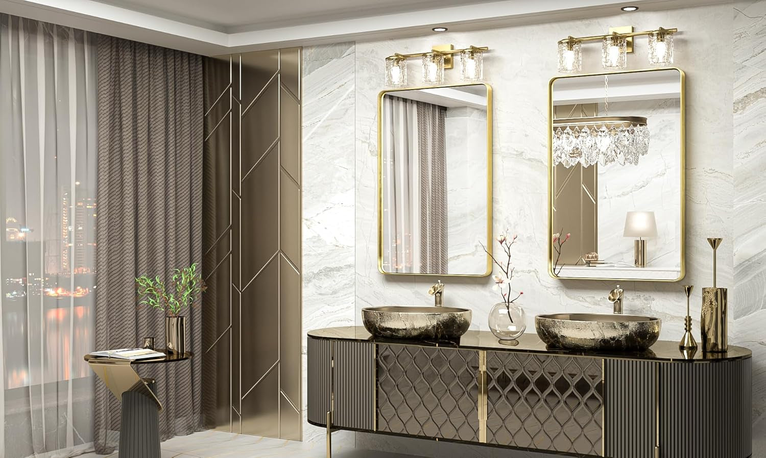 Gold Bathroom Mirror - 24 X 36 Inch Metal Rounded Corner Rectangle Mirror - Hangs Horizontal or Vertical - Rustic Finish
