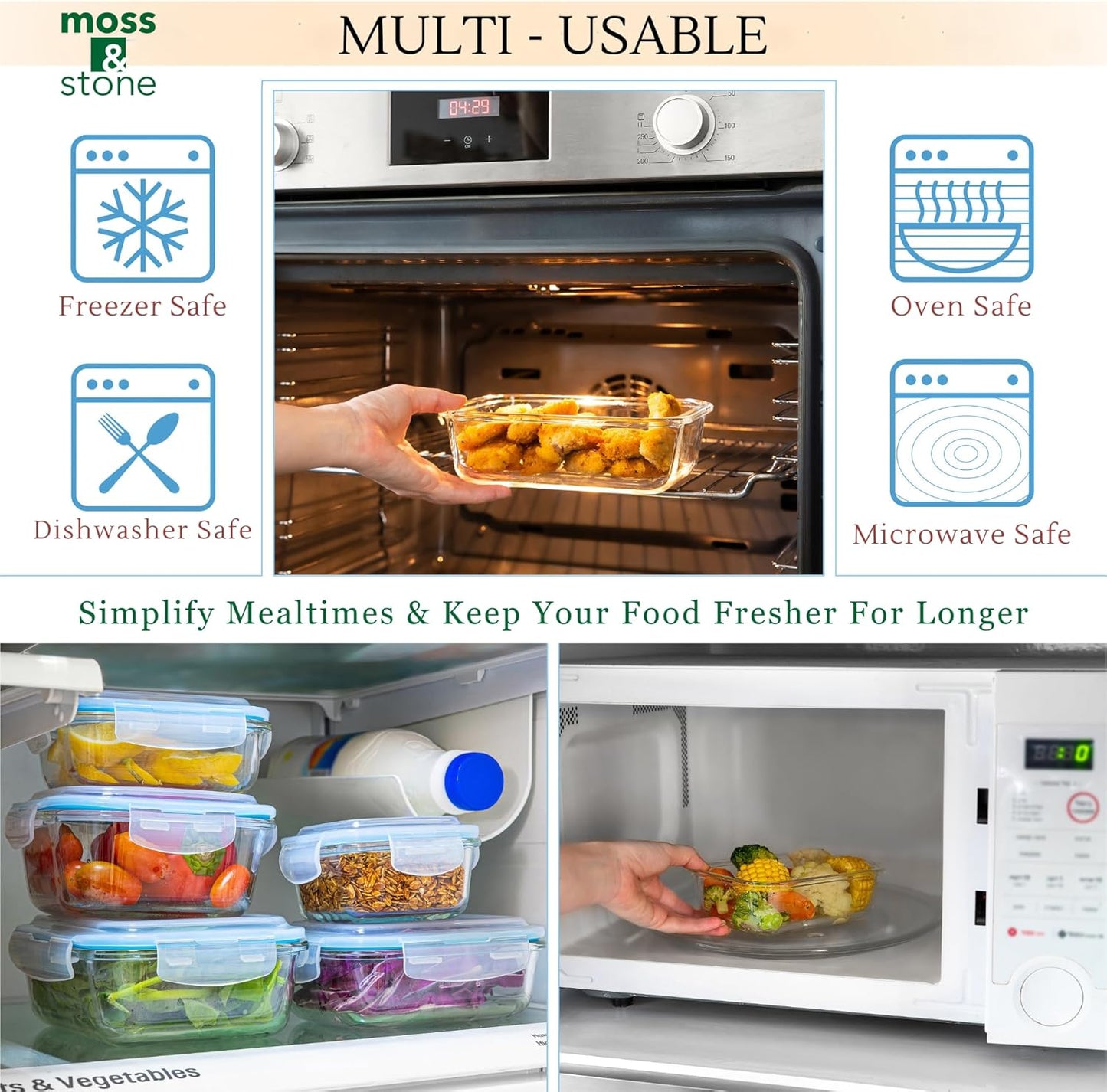 10-Piece Borosilicate Glass Food Storage Set with Leak-Proof Snap-Lock Lids – Airtight, BPA-Free, Freezer, Microwave, and Oven Safe (Glass Only) – Stackable and Nestable Design