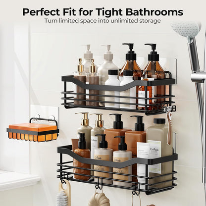 Shower Caddy Basket with Soap Dish Holder and 5 Hooks - Wall-Mounted Adhesive Bathroom Organizer Shelf